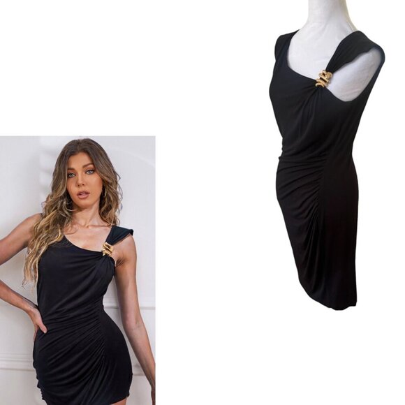 VINTAGE CACHE Y2K BLACK RUCHED GOLD SNAKE COCKTAIL DRESS M/L - Picture 2 of 4